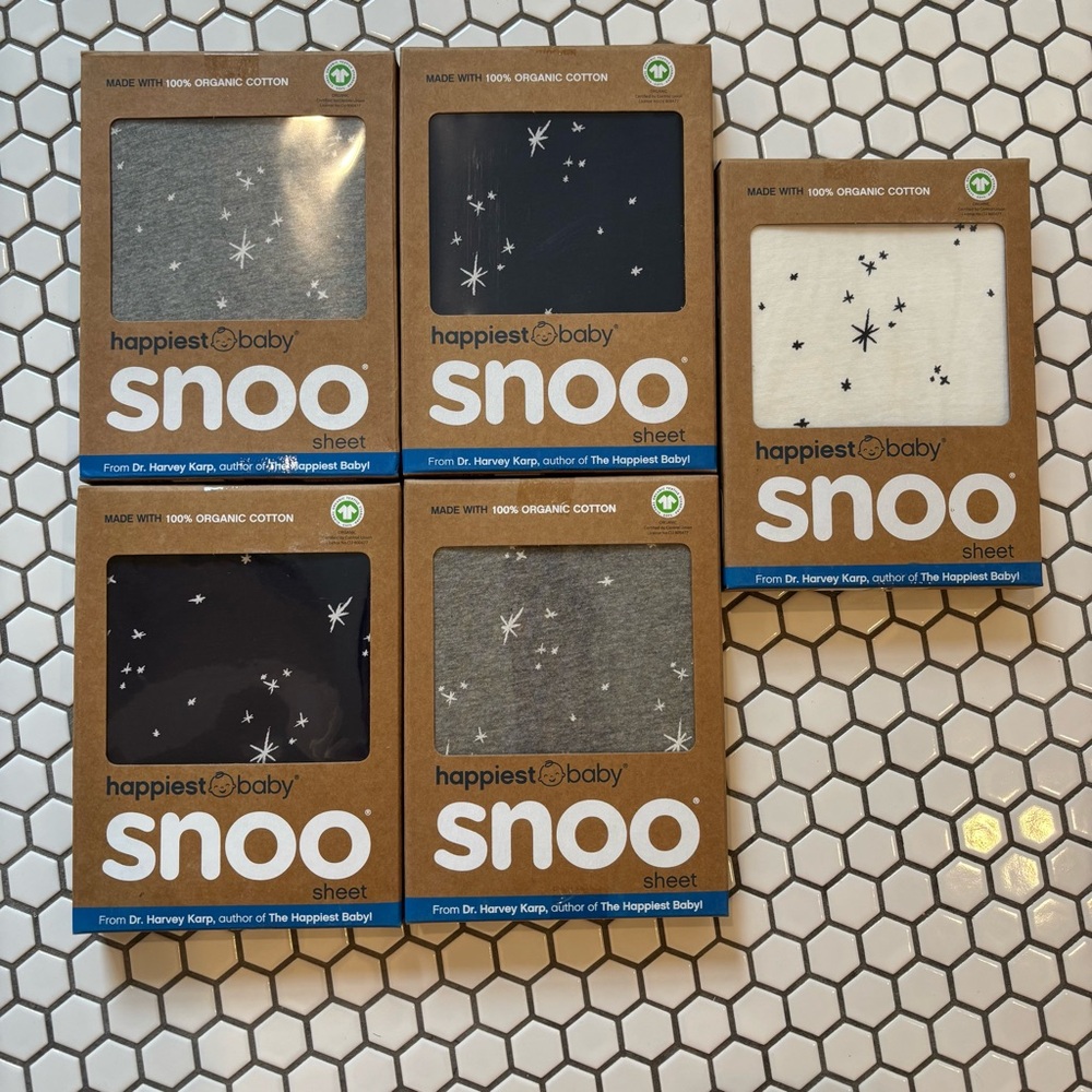 Happiest Baby Organic Bassinet Sheets Bundle (2 Grey, 2 Navy, 1 White)